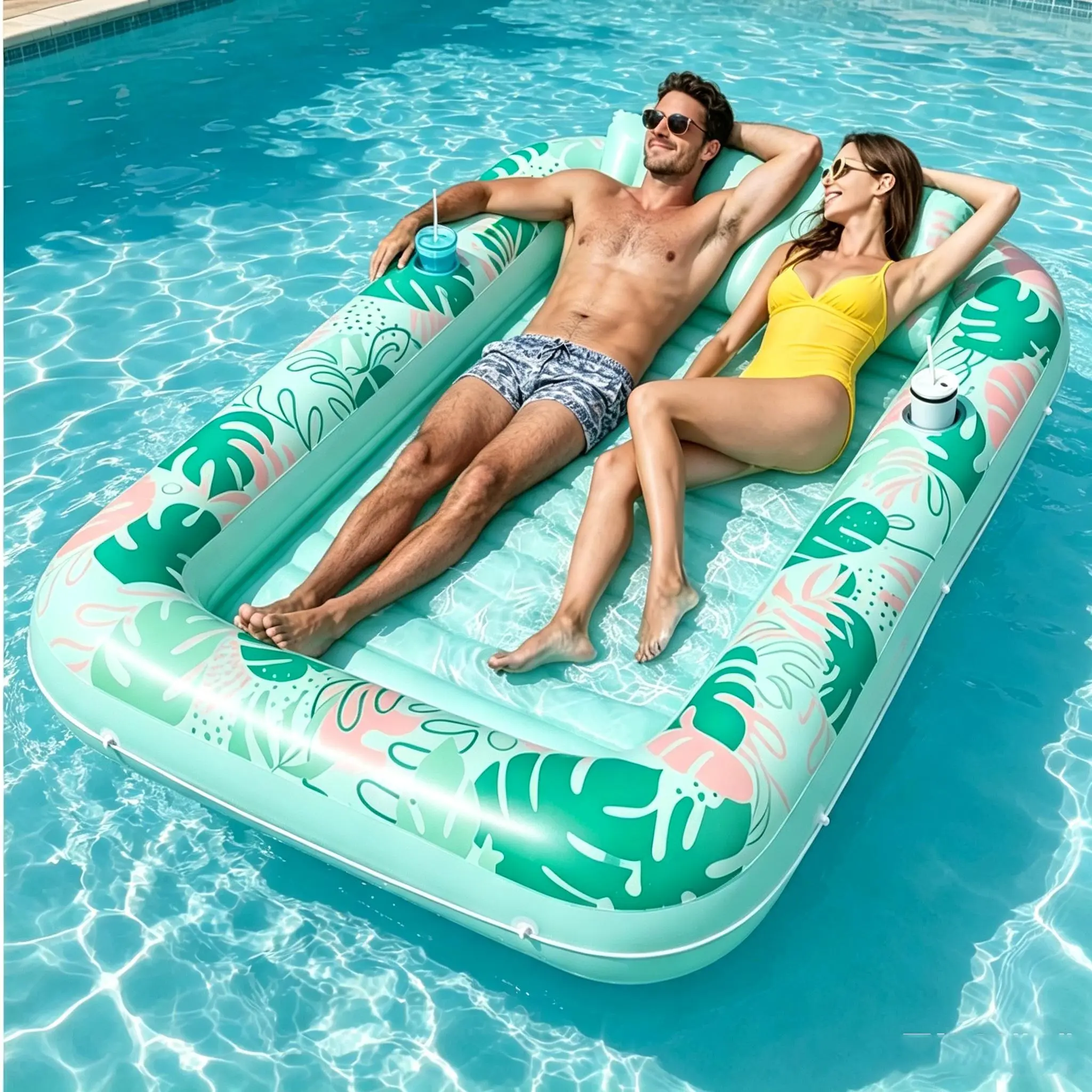 85"l×57"w Aqua Blue 4-in-1 Inflatable Tanning Pool Lounger with Detachable Pillow, Built-in 2 Cup Holders, Fast Inflate-Deflate Adult Sunbathing Float for Pool Party & Gift (Home/Festive Party Supplies)