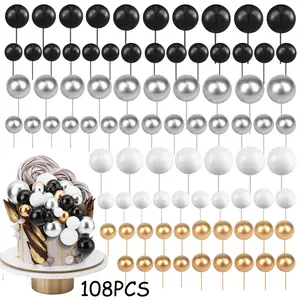 108-Piece Multi-Size Sparkling Top Ball Cake Picks, Black Silver White Gold Foam Cake Toppers & Cupcake Inserts, for DIY Baking Decorations, Christmas & Wedding Festive Party Supplies