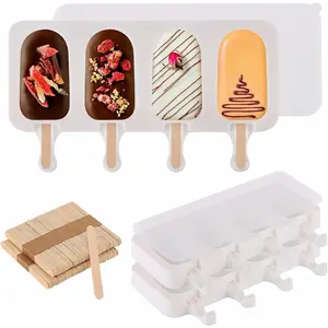 3 Set Popsicles Molds with Lids and 100 Pcs Wooden Popsicles Sticks, Standard Size 4 Cavities Ice Pop Molds for Cakesicles, Cake Pops, Ice Cream - BPA Free