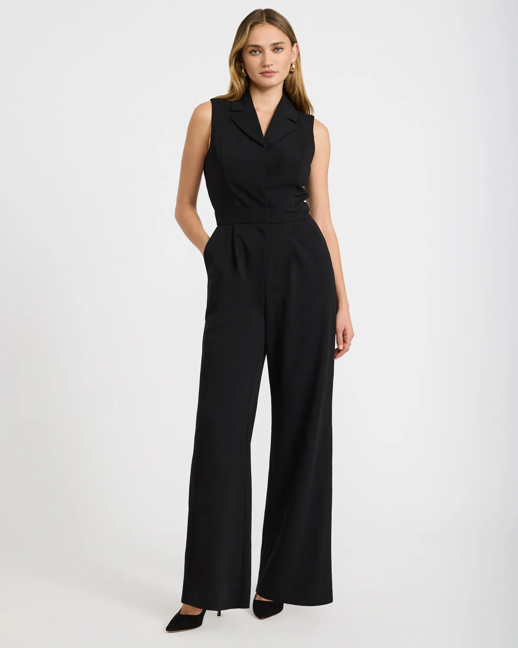 Express V-Neck Tailored Wide Leg Blazer Jumpsuit with Pockets