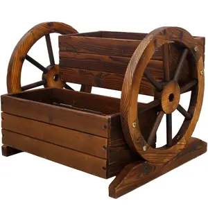 Wooden Wagon Planter, Decorative Flower Cart with Wheels for Patio