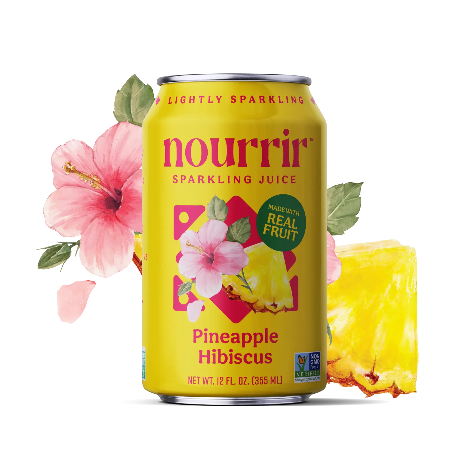 Nourrir Pineapple Hibiscus Sparkling Juice 12 FL OZ (355 ML) - Real Fruit Flavor in a Lightly Sparkling Can - Beverage
