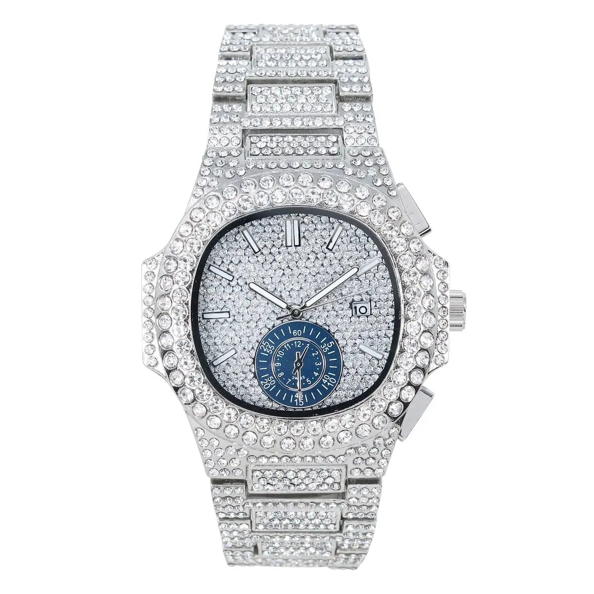 MaxBling81 Men's 43mm Round Dial Analog Watch - Rhinestone Decorated, Stylish, Iced Out Bling Hip Hop Design with CZ Diamonds, Waterproof, Gold/Silver/Rose Gold Finished Casual Quartz Watch, Rhinestone Decorated Watch
