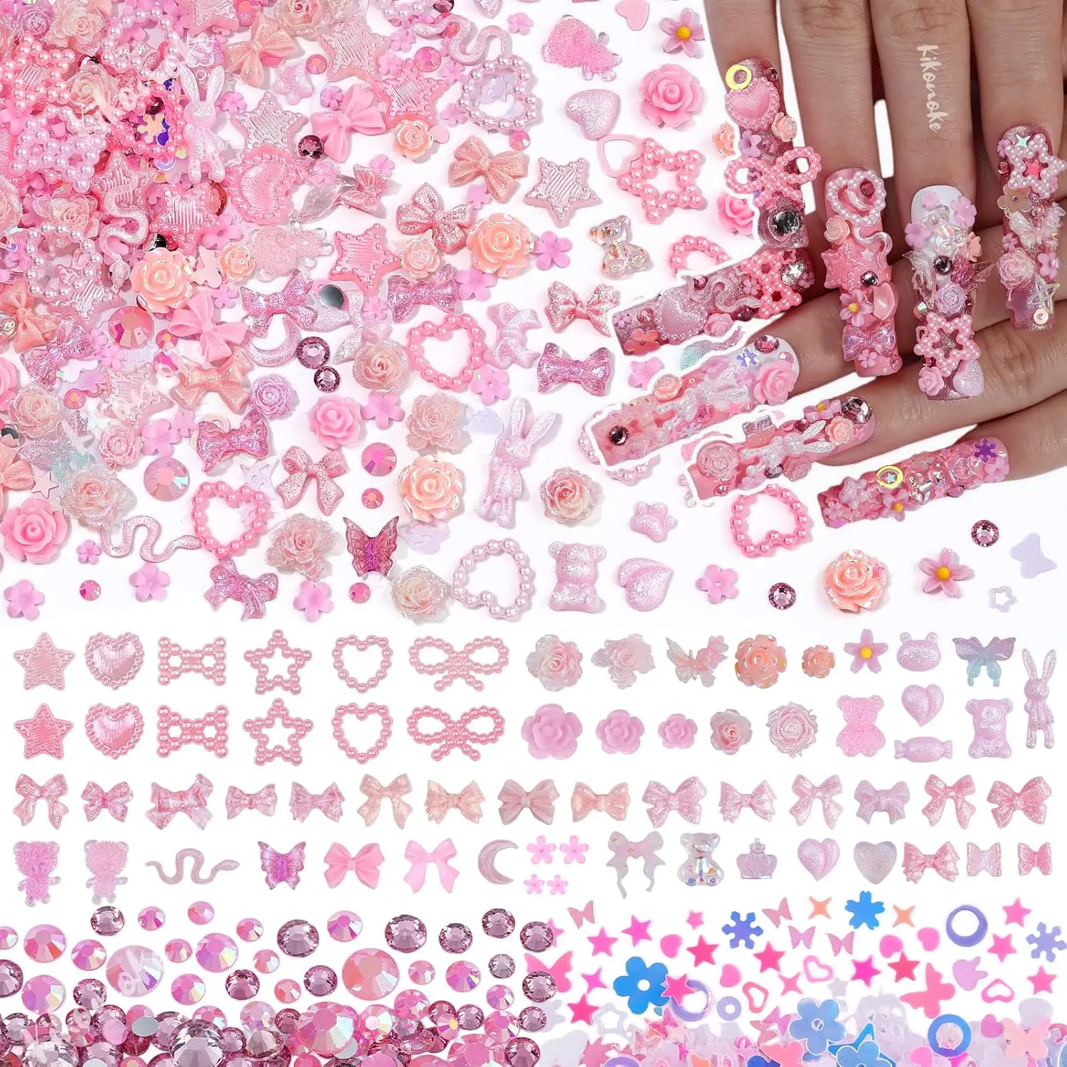 400PCS Pink Nail Charms Kit – 3D Nail Gems, Rhinestones, Pearls, Hearts, Rabbits, Butterflies & Flowers for Acrylic Nail Art & DIY Crafts