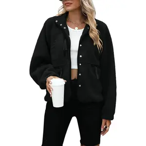 Womens Fleece Fuzzy Long Sleeve Short Winter Coats Button Down Sherpa Jacket Outerwear with Pockets