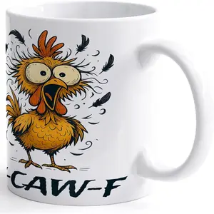 Funny "CAW-F" Rooster Coffee Mug, Sarcastic Angry Chicken Ceramic Cup, Humorous Office Humor Gift for Coworkers and Friends, Unique 11oz White Coffee Mug
