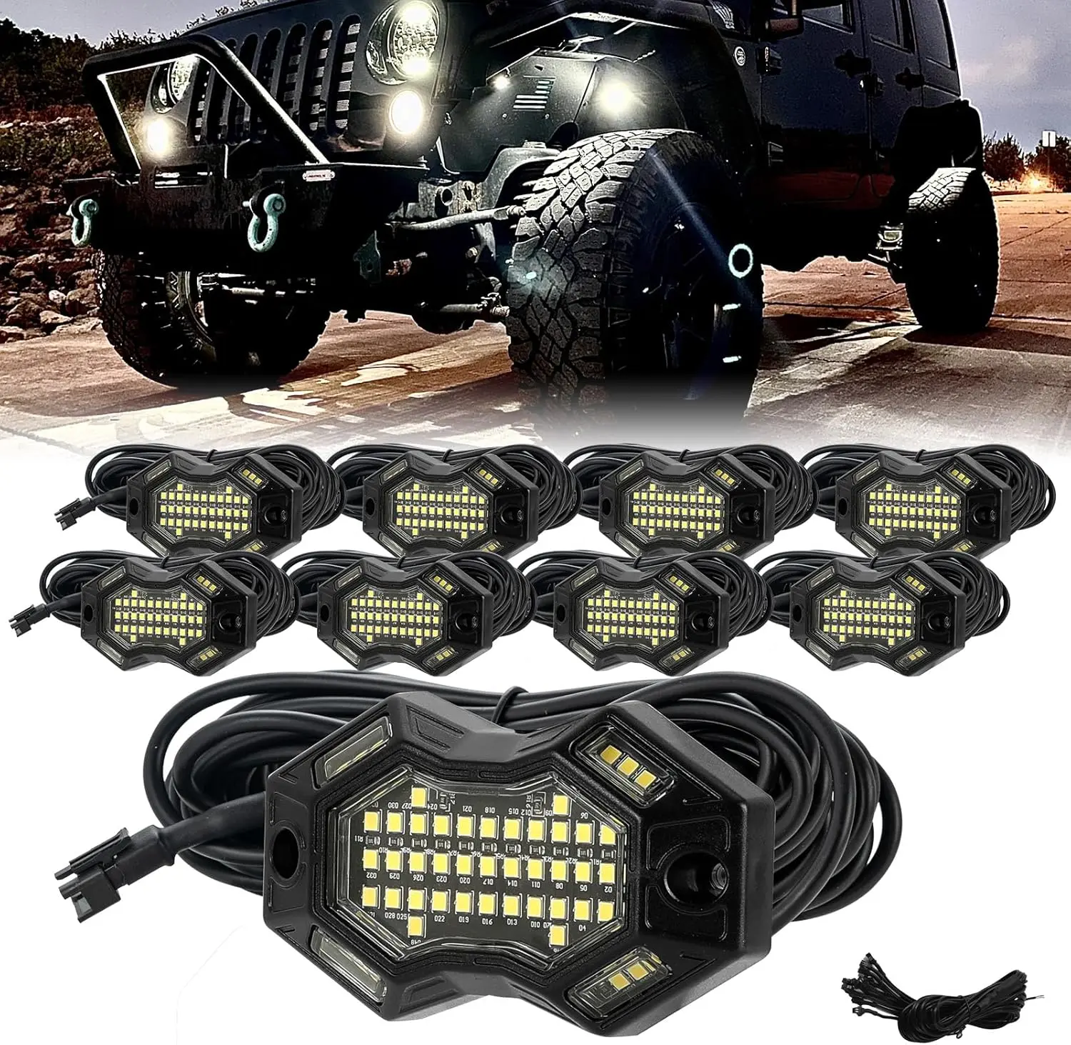 SUNPIE Magnetic White Rock Lights – Wide Beam Angle, Quick Connect, 49 High Power Chips, 4M Extension Wires, 6000K Pure White, IP67, Fits Trucks, SUV, ATV, UTV, Trailer, Boats Offroad Car Lighting Led Bar