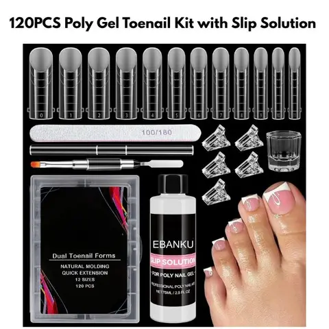 120PCS Poly Gel Toe Nail Forms Kit  – Reusable Dual Toenail Forms, 12 Sizes Nail Molds, Double-End Brush, File, Clips & Liquid Container for Toenail Extension
