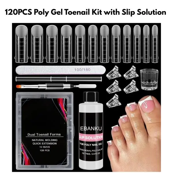 120PCS Poly Gel Toe Nail Forms Kit  – Reusable Dual Toenail Forms, 12 Sizes Nail Molds, Double-End Brush, File, Clips & Liquid Container for Toenail Extension