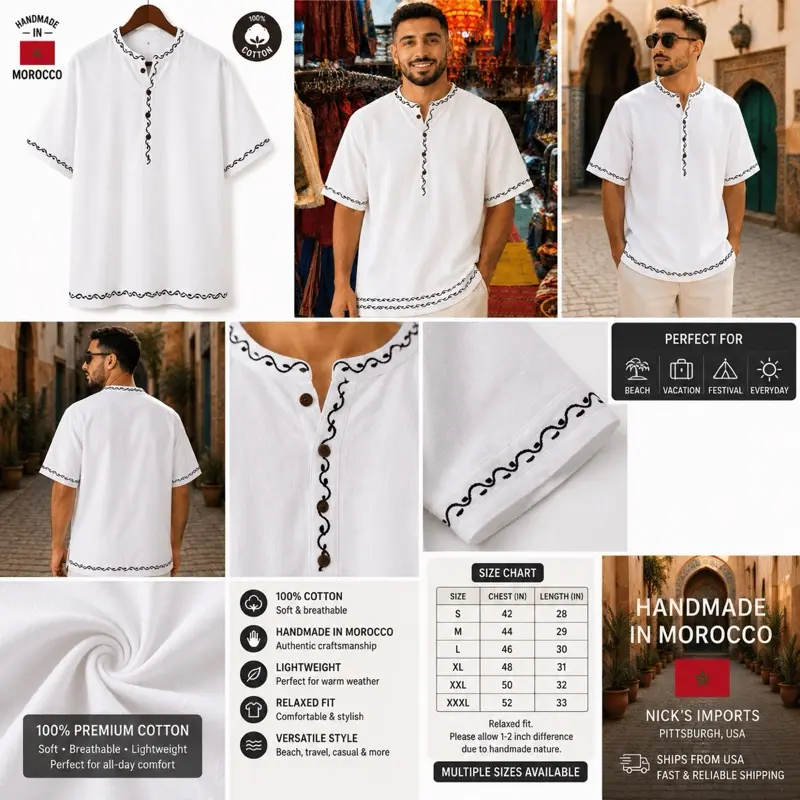 Nick's Imports Handmade in Morocco 100% Premium Cotton Men's Tunic Shirt Soft Breathable Lightweight Perfect for Beach Vacation Festival Everyday