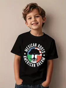 Individualistic round-neck short-sleeved shirts for Boy and girl 🔥   Mexican Roots American Dream Mexico Usa Us Mexican American T-Shirt for Kids Chirden T Shirt, 180g