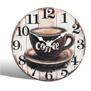 1pc round clock, vintage coffee cup clock, artistic style decorative wall clock, silent quartz round acrylic clock, suitable for bedroom, living room, office, kitchen, bathroom, battery-powered (battery not included)