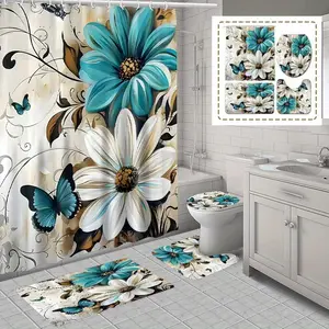 Flower Pattern Bathroom Decorations, 4 Counts/set Including Shower Curtain & Toilet U-shape Mat & Bathroom Mat & Toilet Lid Cover, Bathroom Decoration Supplies, Bathroom Decoration Accessories