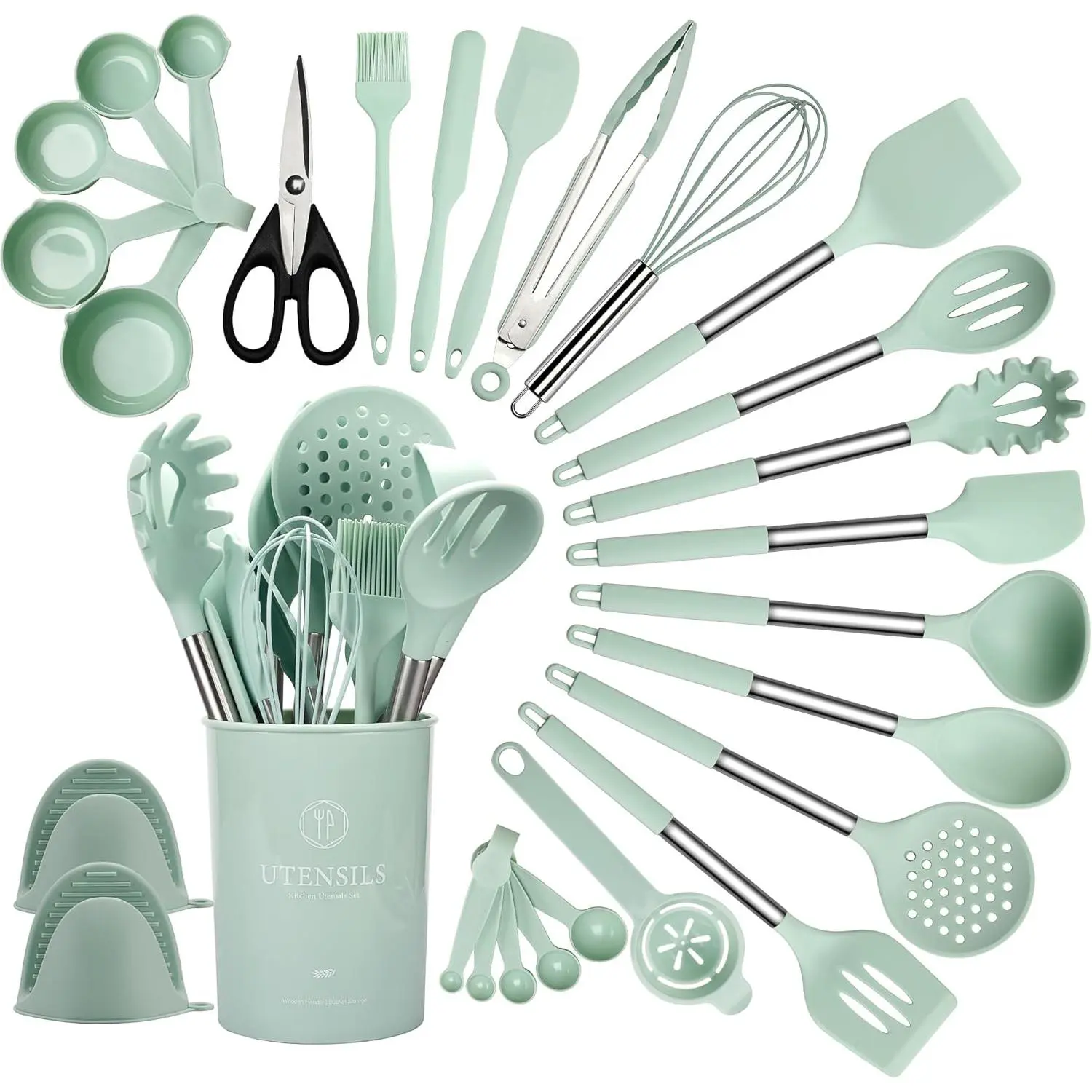 Silicone Cooking Utensils Set, 28 count Non-Stick Kitchen Utensils Set with Holder, 446?F Heat Resistant Spatula, Tongs, Spoons Set with Stainless Steel Handle Kitchen Gadgets (Light Green)