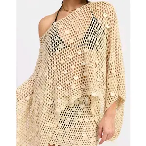 Oversized Shell Trim Poncho Crochet Design with Button Details Lightweight Flowing Silhouette Perfect for Casual Wear