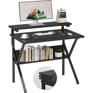 Small Desk, 27.5 Inch Small Computer Desk for Small Spaces, Computer Desk with Adjustable Monitor Stand, Compact Desk with Storage, Tiny Desk Study Desk for Bedroom Home Office, Black