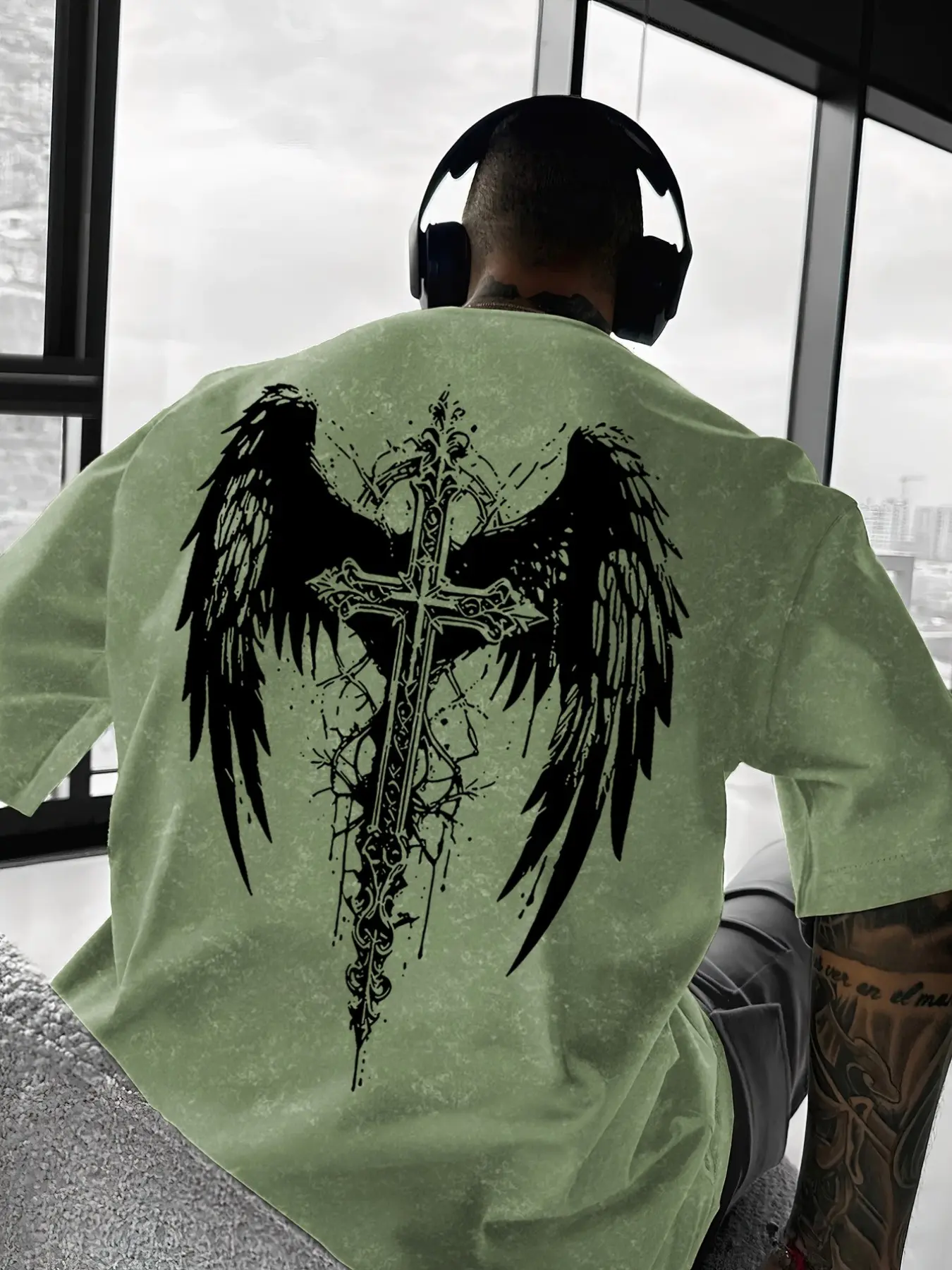 Men's Gothic Cross & Angel Wings Print Washed T-Shirt, Casual Streetwear Short Sleeve Tee, Digital Print #CrossWingsTee #GothicStreetwear #WashedTee #ChristianStyleTee #TikTokMadeMeBuyIt