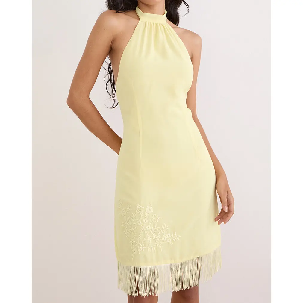 Motelrocks Brisea Women's Regular Fit Mini Dress, Vintage Bloom Embroidered with Halter Neck and Fringe Tassel Hem, Lady