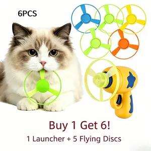 6PCS Cat Fetch Toy Set with Launcher & Flying Disc, Interactive Hunting Toys for Indoor Bored Kittens