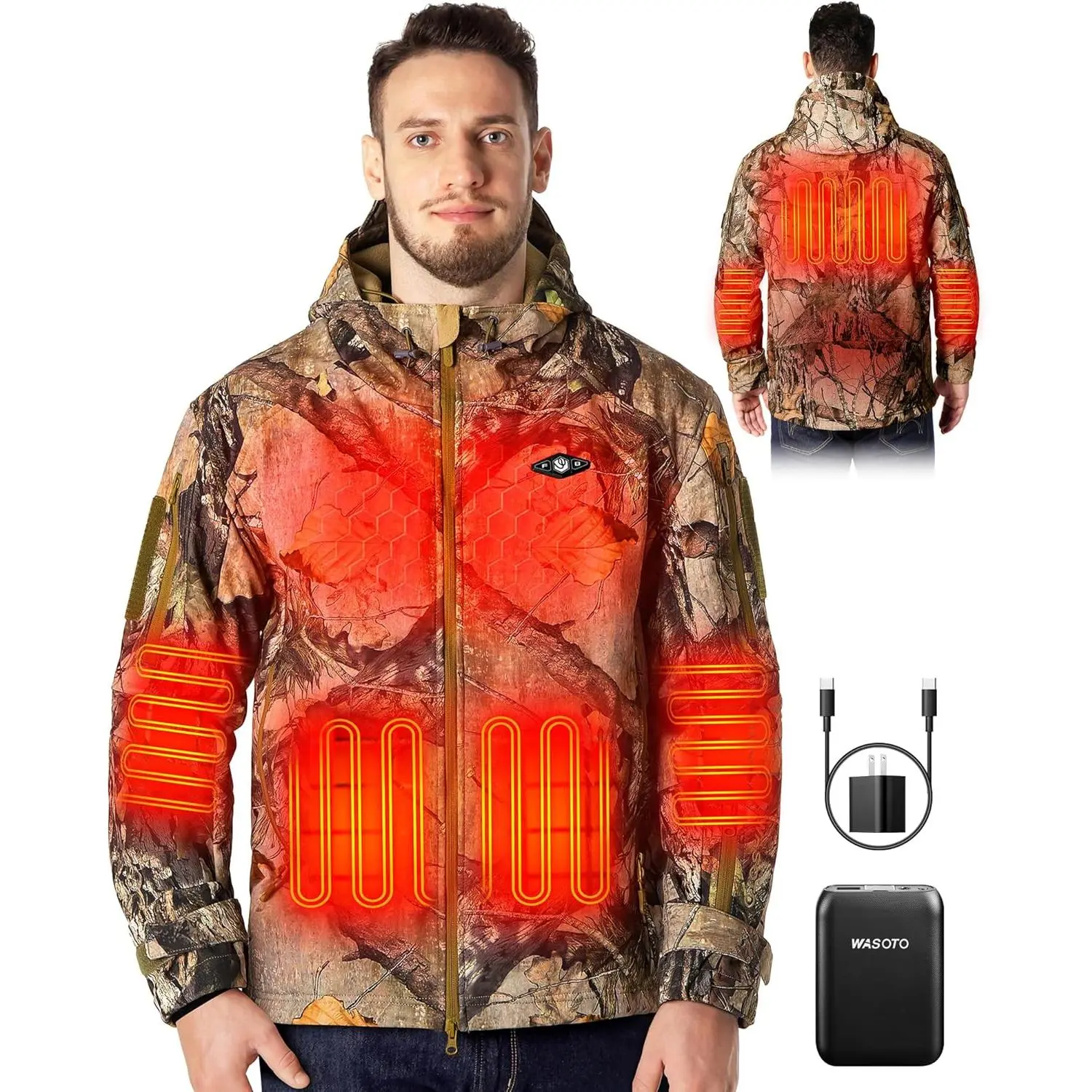 Men's Heated Jacket, Long Sleeve Spandex Outerwear, Windproof & Water-Resistant with 5 Heating Zones & 18400mAh Battery Pack, Menswear, Tops, Festivals, Button, Adjustable, Drawstrings, Hook And Loop, Polyester Blend, Fast Charging, Heat Zones, Fabric