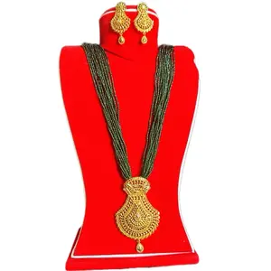 Women's Elegant Green Beaded Necklace Set - Gold-Toned Pendant, Matching Earrings - Female Costume Fashion Accessory