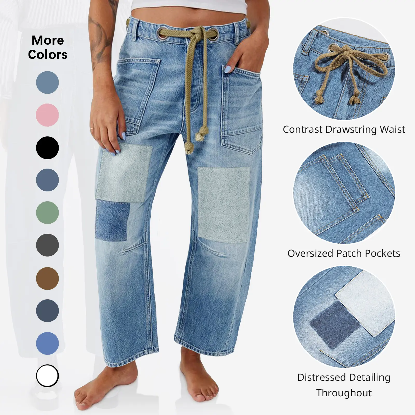 Flowyair Women's Barrel Leg Jeans - Baggy Distressed Cotton Patchwork Jeans, Low Rise Wide Leg Trouser with Pockets for Streetwear Stylish Womenswear,summerwins,summeroutfits,vacationoutfits,beachoutfits,back to school shopping