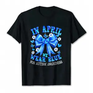 "April We Wear Blue" Autism Awareness T-Shirt – Coquette Bow Puzzle Piece Graphic Tee