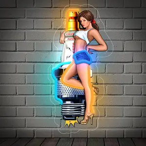 Spark Plug Pin Up Girl Neon Lights, Spark Plug Wall Decor, Adjustable, Suitable for Bars, Auto Repair Shops, Garages, Men's Caves, USB-Powered, 6.96*13.77