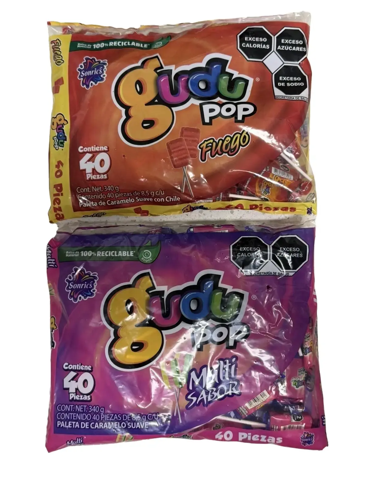 Sonrics Gudu Pop Fuego o Multi Sabor – Soft Candy Lollipops – Pick Your Flavor – 40 Count – 340 g (12 oz)