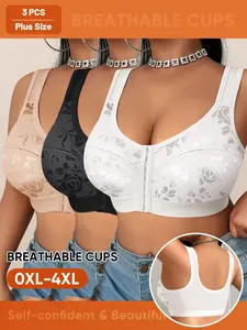 3-Pack Plus Size V-Neck Lace Bralette, Wireless Unpadded Breathable Mesh Bra Set, Full Coverage Medium Support, Casual Everyday All Seasons