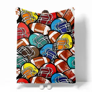 Vintage Style Football Helmets & Balls Fleece Throw Blanket – Colorful Retro Sports Decor for NFL Fans, Boys’ Room, Game Day, or Cozy Bedroom Accent