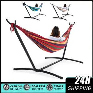 Double Cotton Hammock with Space Saving Steel Stand, Upgraded Polyester End Strings 450 lb Capacity - Premium Carry Bag Included Double Hammock with Steel Stand and Carrying Bag, Adjustable Height, 450lbs Capacity, Polyester Cotton Fabric