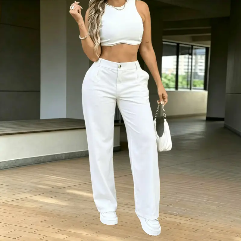 Women’s pleated high-waisted woven pants, 100% polyester fiber, lightweight, thin, and soft, with a waist-hugging fit and wide legs, featuring pockets; casual plain trousers for daily wear, work, and business; women’s bottoms