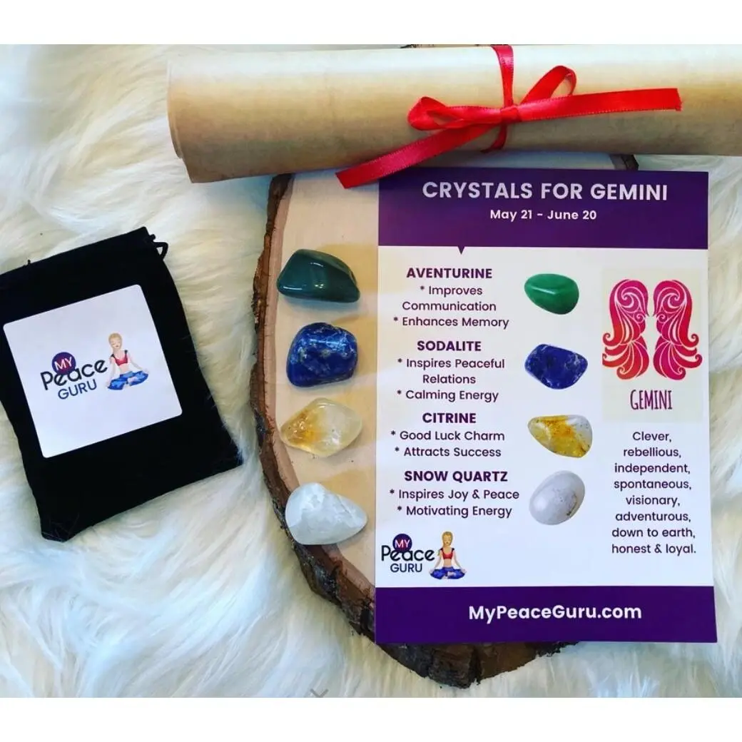Gemini Gift Set Zodiac Sign Crystal Healing Stones in a Velvet Pouch with 7-10 Page In-Depth Astrology Scroll Report Gift Box