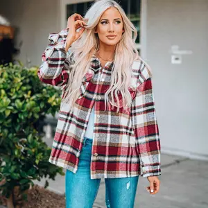 Fiery Red Geometric Plaid Print Pocketed Shacket