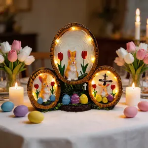 Easter Decorative Ornament Powered by 3 AAA batteries (not included) Handcrafted premium resin Painted tulip rabbit Easter egg ornament Featuring a Jesus cross decoration Ideal for gifting Party centerpiece Easter decor