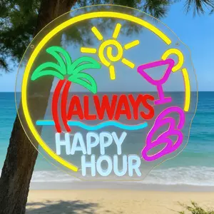 Always Happy Hour Neon Sign Tropical Cocktail Beach Bar LED Wall Decor