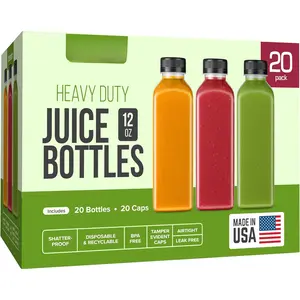 12oz 20 count Juice Bottles With Caps -  Juice Containers With Lids For Fridge - Juicer Bottles With Tamper Evident Caps, Shatterproof, , Leak proof, Disposable & Recyclable