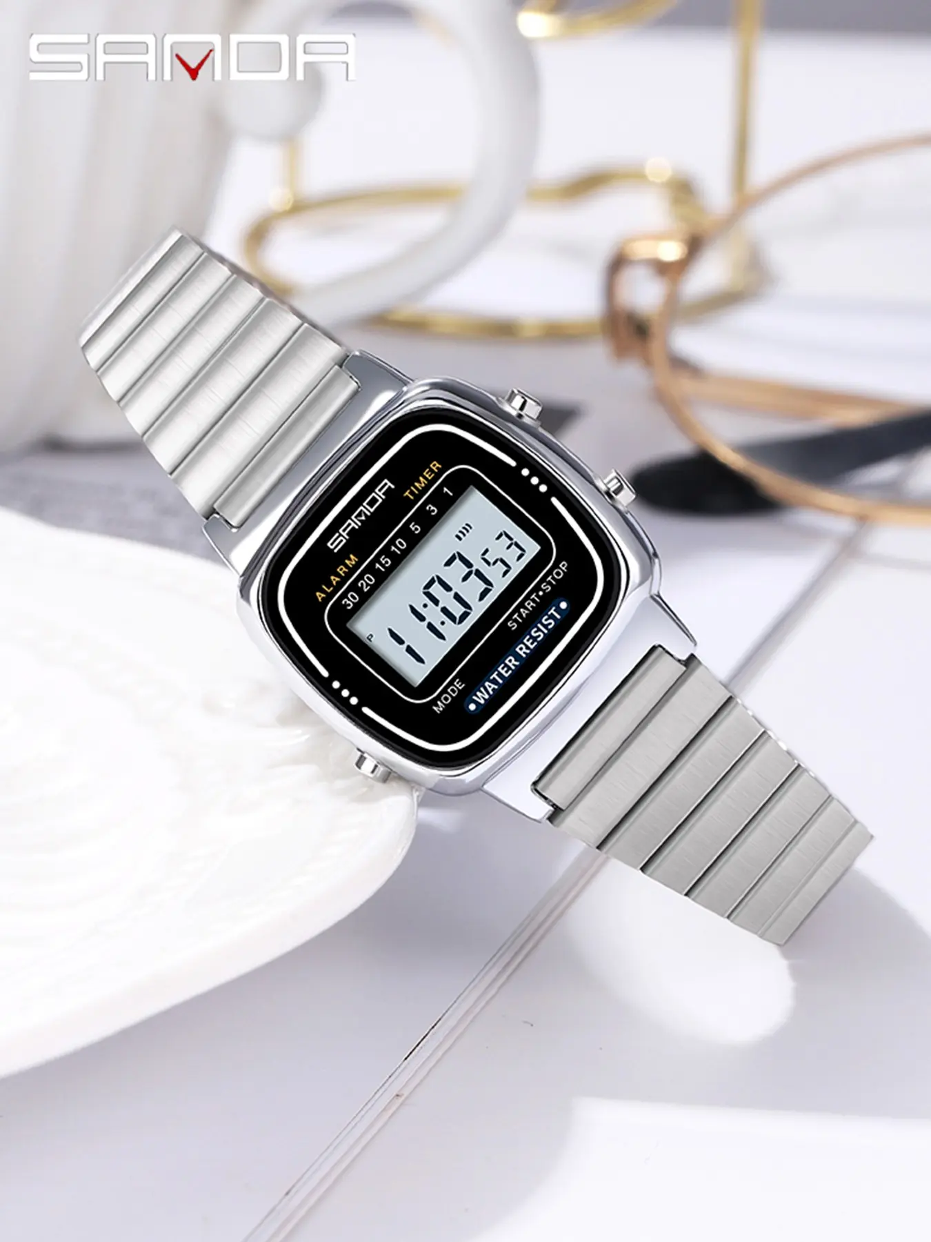 SANDA 6053 Luxury Digital Watch for Women Square Wristwatch Waterproof Sports LED Display Timer Wristwatches, Fashion Wristwatches, Stainless Steel Wristwatch, Watch with Luminous & Alarm & Calendar Function, Multifunctional Watch with Box