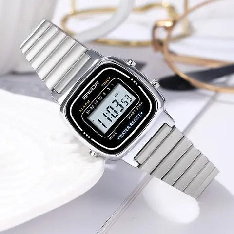 SANDA 6053 Square Digital Watch for Women, Waterproof Sports Wristwatch with LED Display and Timer, Fashionable Stylish Watch, Stainless Steel Wristwatch with Luminous, Alarm and Calendar, Multifunctional Watch with Gift Box