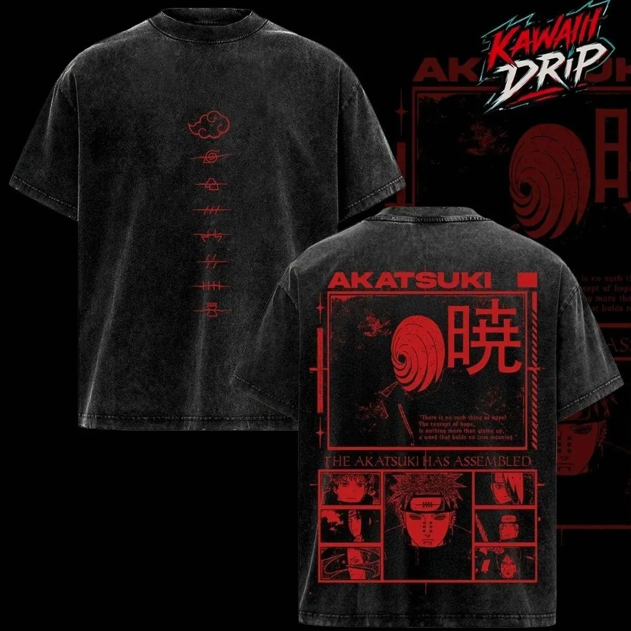 Retro Vintage Akatsuki Acid Washed T-Shirt, Vintage Washed Akatsuki Tee, Akatsuki Graphic, Aesthetic Anime Clothing  6LM