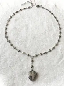 Silver Color Gothic Punk Heart Pendant Necklace Set, Stainless Steel Beaded Choker with Heart Box, Women's Halloween Party Gift