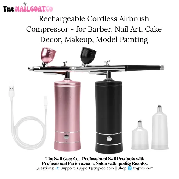 TheNailGoatCo Rechargeable Cordless Airbrush Compressor - for Barber, Nail Art, Cake Decor, Makeup, Model Painting etc.