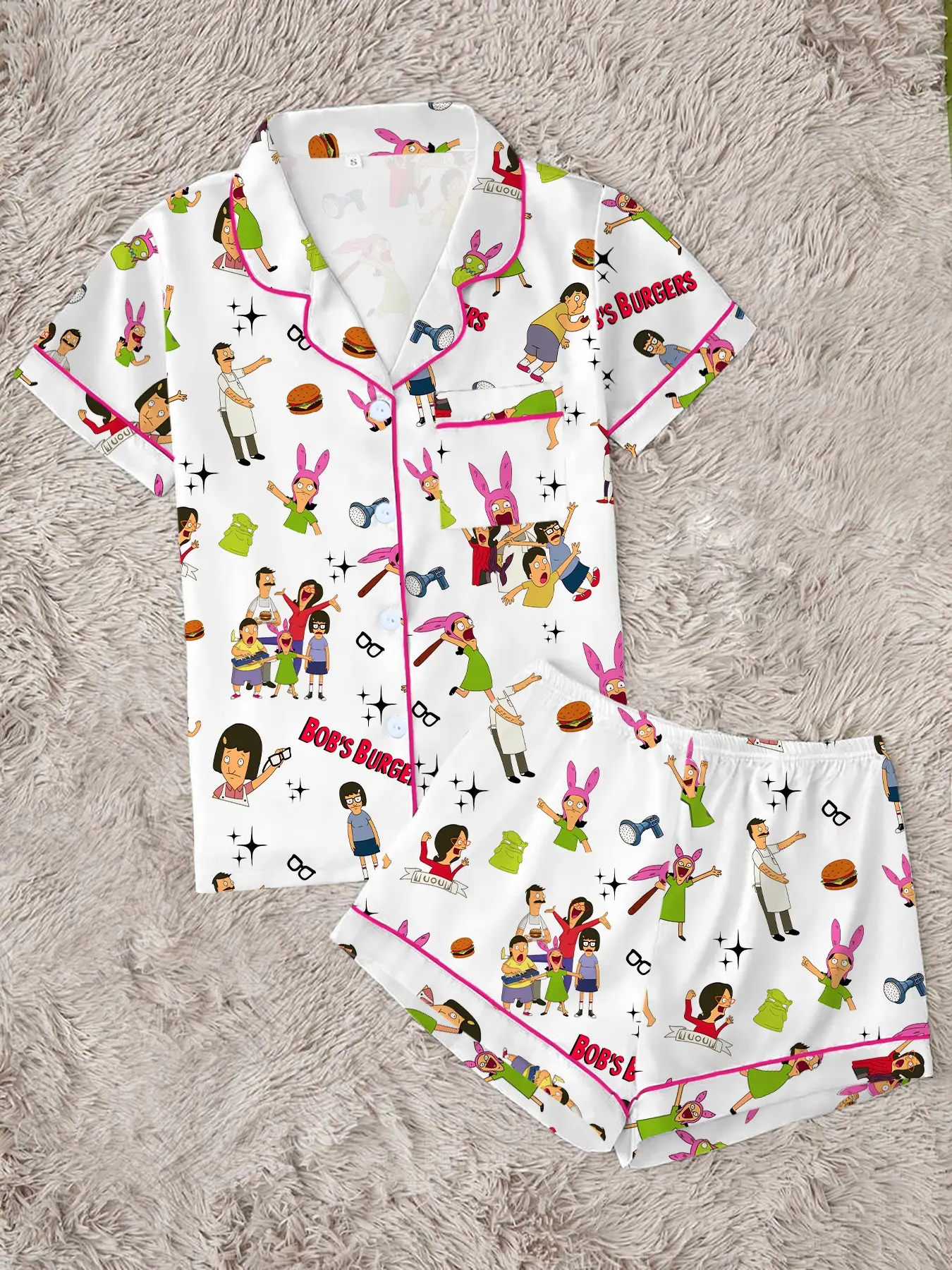 Bobs Burgers Family Louise Cute Burger Print Lapel Short Sleeve Shorts Womenswear Printed Pajama Set, Comfortable Wearable Party Gift Homewear, Pjs Loungewear Pajamas Sleepwear, Casual Comfy Pyjama