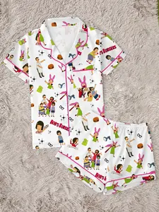 Bobs Burgers Family Louise Cute Burger Print Lapel Short Sleeve Shorts Pajama Set, Comfortable Wearable Party Gift Homewear