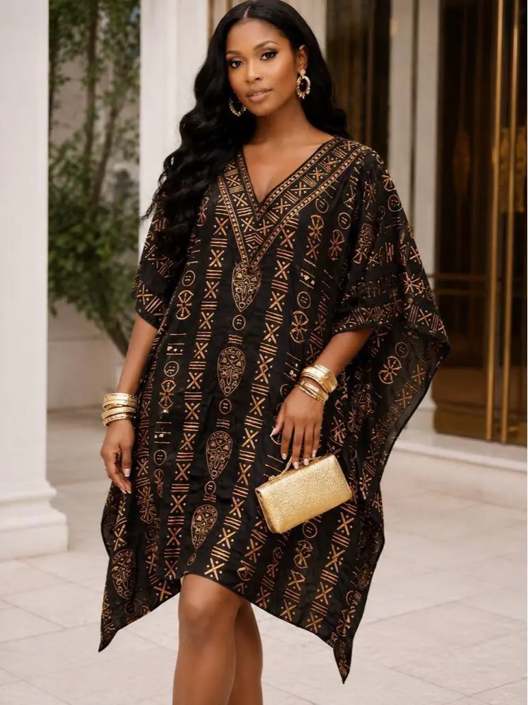 Women's Traditional African Luxury Black & Gold Kaftan - Elegant Batik Boubou, Lightweight Flowy, Patterned Cover-Up, Loose-Fit Modest Maxi for Wedding, Party