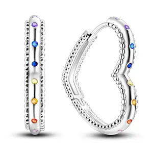NARMO S925 Silver Plated Rainbow Heart Hoop Earrings for Ladies Girls, Romantic Colored Zircon Jewelry Gift for Valentine's Day, Birthday, Anniversary or Everyday Wear