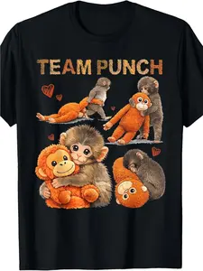 Funny Baby Monkey Punch Team T-Shirt - 100% Cotton, Crew Neck in Black with Whimsical Print - Ideal for Casual Wear, Gardening Clothes, Black & White Print, Round Neck for Men & Women Perfect As A Halloween, Christmas, Thanksgiving, or Birthday Gift