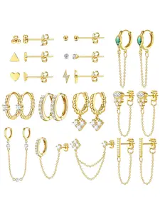 Classic 27 Pcs Golden Glamorous Earring Collection for Women Men Unisex Copper Stainless Steel Piercing Jewelry Multi-hole Ear Styling Cartilage Studs Glossy Ball Shimmering CZ Elegant Dangle Chain Pieces Versatile Set Meets Diverse Daily Matching Needs