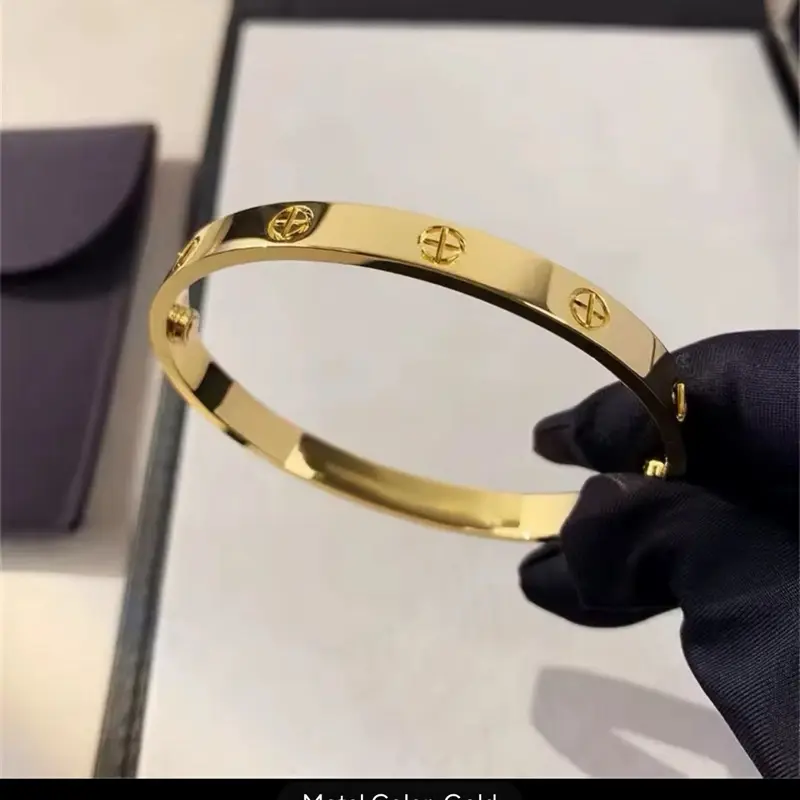 Women's New Design Stainless Steel Gold Zircon Cross Nut Nail Bracelet, Screw-Closure Brand Jewelry Bangle